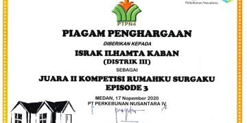 Manajemen PTPN IV Kembali Berikan Penghargaan Program Rumahku Surgaku