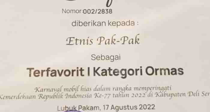 Perayaan Karnaval HUT RI Ke-77 Tahun di Deli Serdang, DPD Himpak Deli Serdang Raih Juara 1 Favorit